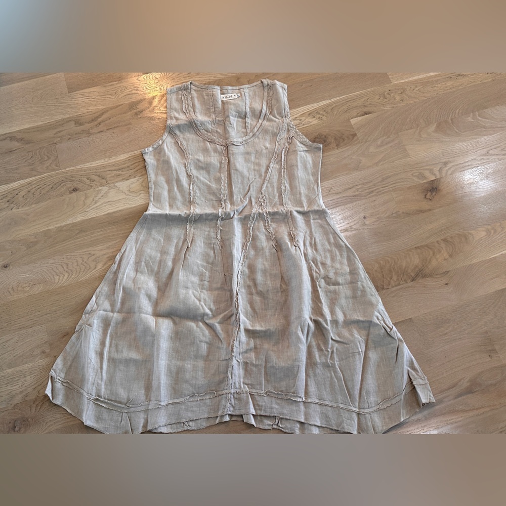 Vintage Bodil 100% linen sleeveless Lagenlook dress fray detail tan size small